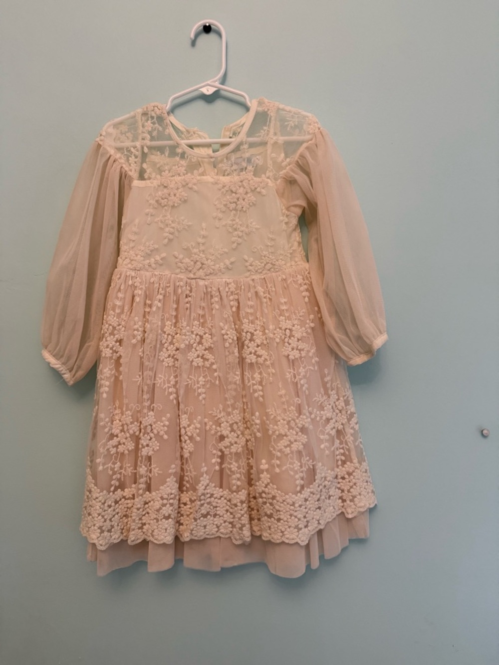 Ivory Floral Lace Girls' Formal Dress with Sheer Sleeves